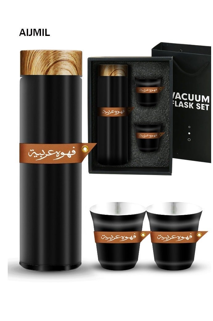 Aijmil هدايا رمضان: طقم أكواب قهوة سعودية معزولة من الفولاذ المقاوم للصدأ مع غطاء خشبي - تصميم أنيق من الجلد العربي، مناسب للسفر والاستخدام اليومي - Image 2