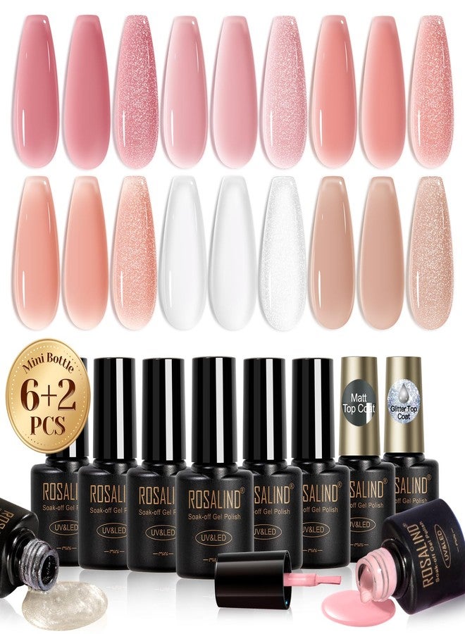 ROSALIND Jelly Gel Polish Set with Matte and Glitter Gel Top Coat, 6 Translucent Colors Neutral Sheer Milky White Nude Pink base Gel Nail Polish set Nail Art DIY at Home - Image 1