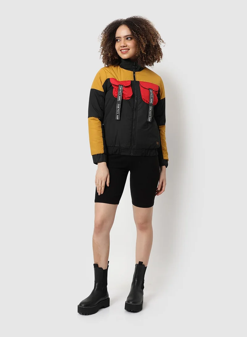 كامبوس سوترا جاكيت نسائي بياقة عالية وأكمام طويلة بأساور وسحاب وحافة مستقيمة بقصة عادية للشارع اليومي والكاجوال باللون الأصفر الخردلي والأحمر الوردي