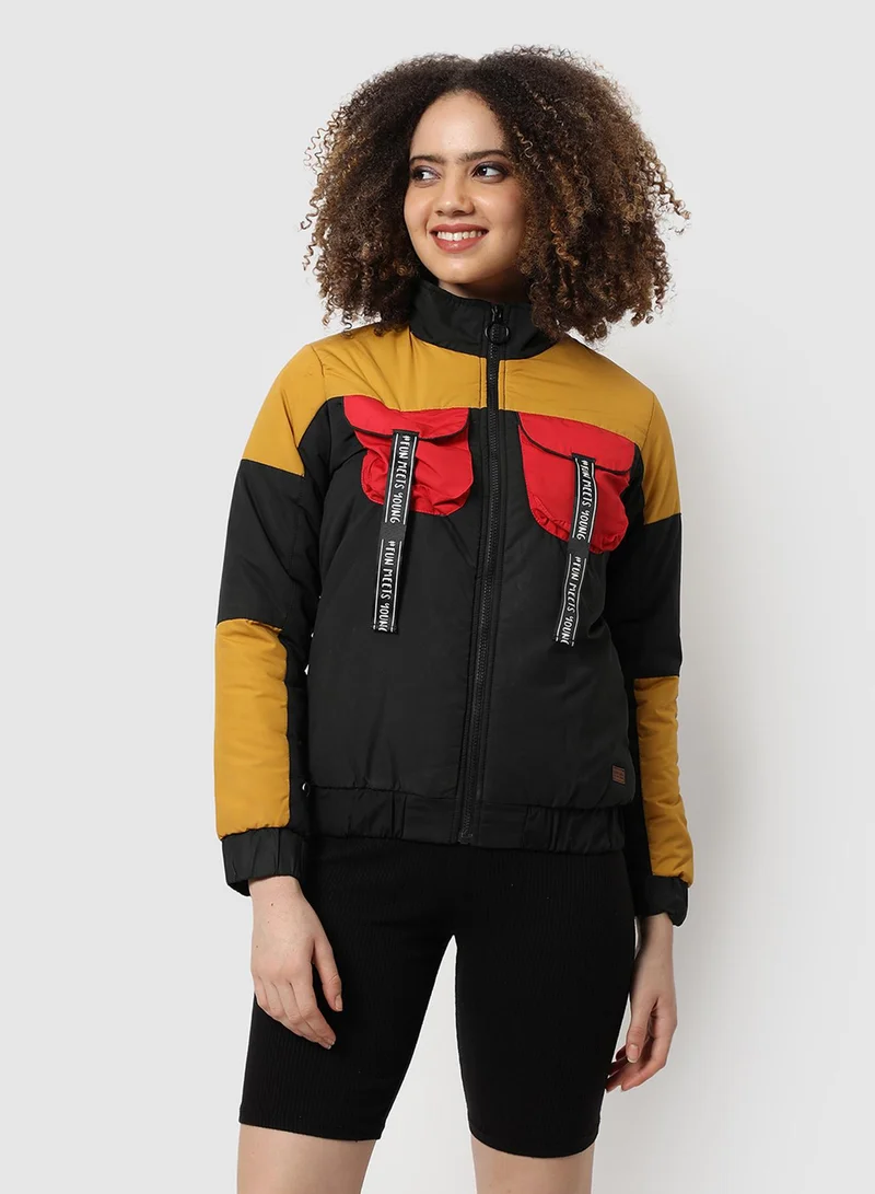 كامبوس سوترا جاكيت نسائي بياقة عالية وأكمام طويلة بأساور وسحاب وحافة مستقيمة بقصة عادية للشارع اليومي والكاجوال باللون الأصفر الخردلي والأحمر الوردي