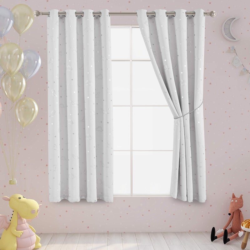 LORDTEX Dinosaur and Star Foil Print Blackout Curtains for Kids Room  Thermal Insulated Curtains Noise Reducing Window Drapes for Boys and Girls Bedroom 52 x 63 Inch Greyish White 2 Panels