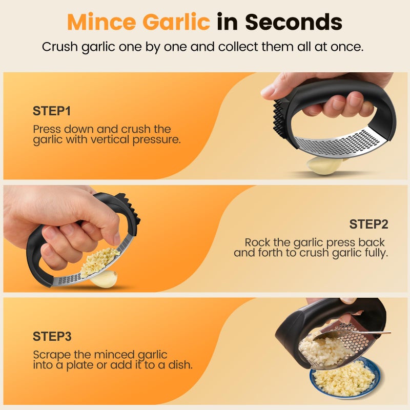Lesbima Garlic Press Rocker Set with Garlic Peeler & Cleaning Brush,Stainless Steel Garlic Mincer Crusher,Easy Kitchen Gadget for Effortless Smashing,Kitchen Essentials,Home and Kitchen Utensils Accessories - Image 3