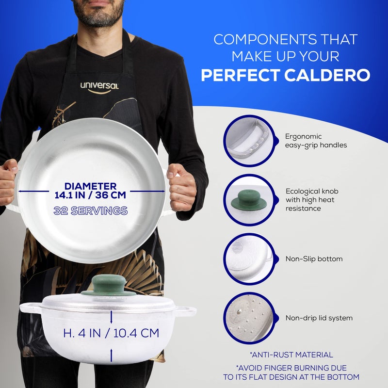 Universal (Professional Large) Caldero 32 Cups - 11.6 QT / 11 L, Stainless Aluminum Pot, Even Heat Distribution and Fast Cooking Dutch Oven Pot, Ergonomic Handles, Ideal for Rice, and French Fries - Image 3