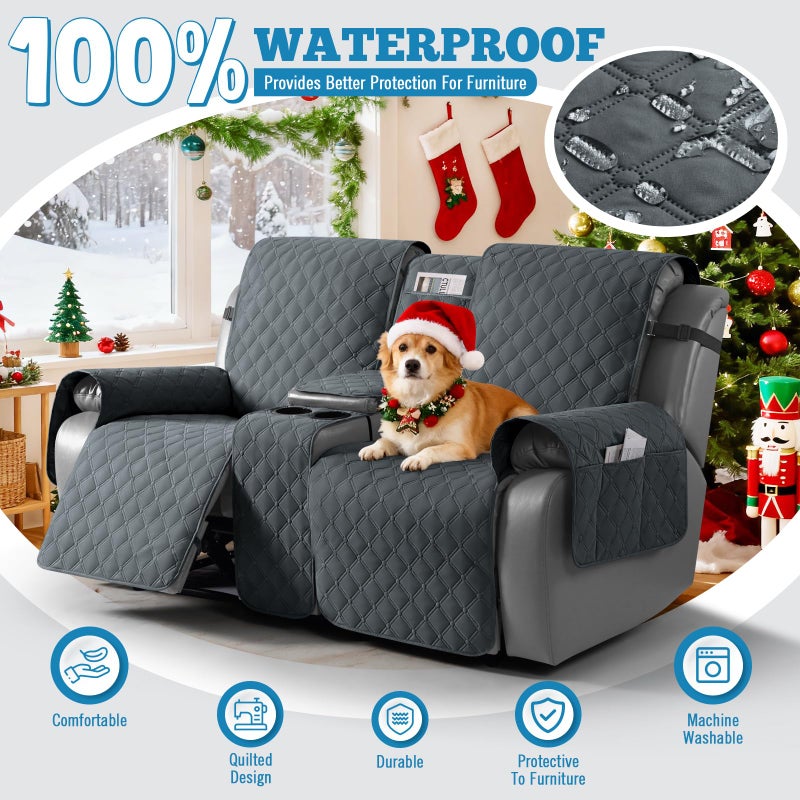 TAOCOCO 100% Waterproof Loveseat Recliner Cover with Center Console, Reversible Reclining Couch Cover for 2 Seats with Leg Straps, Washable Split Sofa Cover Protector for Pets Kids (Dark Gray) - Image 2