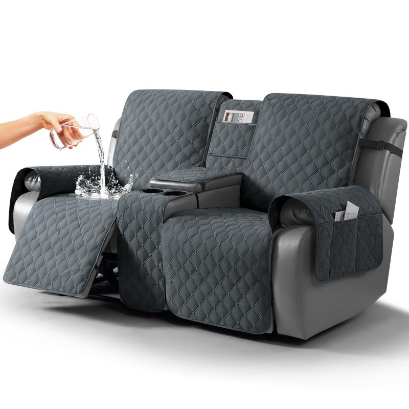 TAOCOCO 100% Waterproof Loveseat Recliner Cover with Center Console, Reversible Reclining Couch Cover for 2 Seats with Leg Straps, Washable Split Sofa Cover Protector for Pets Kids (Dark Gray) - Image 1