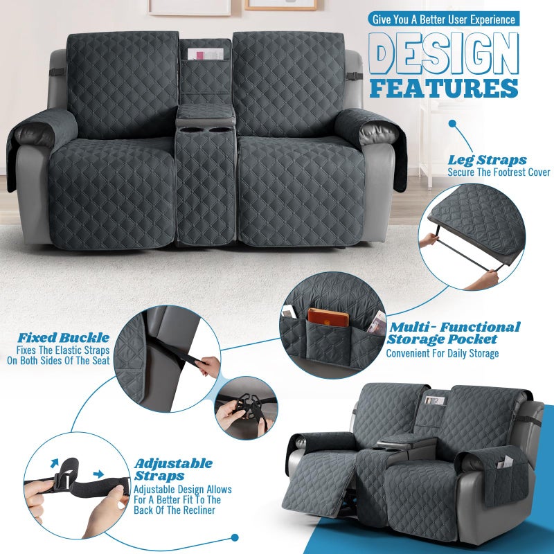 TAOCOCO 100% Waterproof Loveseat Recliner Cover with Center Console, Reversible Reclining Couch Cover for 2 Seats with Leg Straps, Washable Split Sofa Cover Protector for Pets Kids (Dark Gray) - Image 3