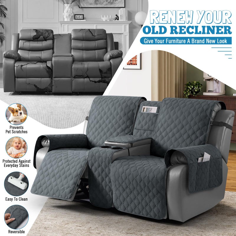 TAOCOCO 100% Waterproof Loveseat Recliner Cover with Center Console, Reversible Reclining Couch Cover for 2 Seats with Leg Straps, Washable Split Sofa Cover Protector for Pets Kids (Dark Gray) - Image 4