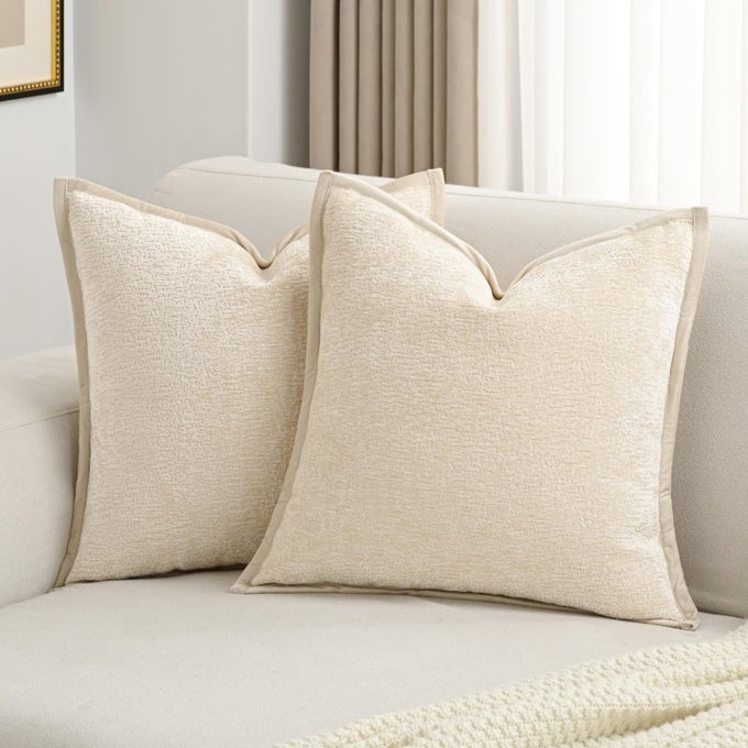 BEIGE CHENILLE THROW PILLOW COVERS 18X18 INCH SET OF 2SOFT COZY BOUND EDGE DESIGN CUSHION CASEHOME DECOR FOR COUCH BED LIVING ROOM