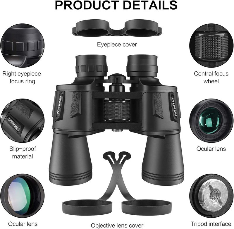 RONHAN Binoculars for Adults High Powered, Military HD Professional/Daily Waterproof 20x50 Binoculars for Bird Watching Travel Hunting Football Games Stargazing with Carrying Case & Strap - Image 4