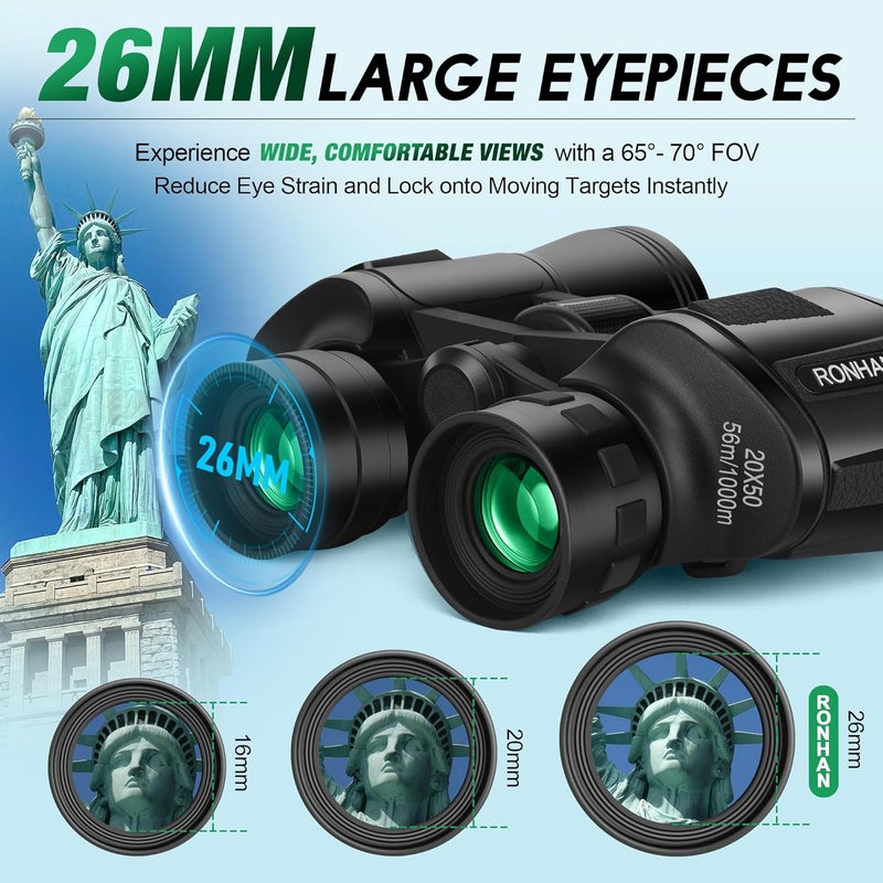 RONHAN Binoculars for Adults High Powered, Military HD Professional/Daily Waterproof 20x50 Binoculars for Bird Watching Travel Hunting Football Games Stargazing with Carrying Case & Strap - Image 3