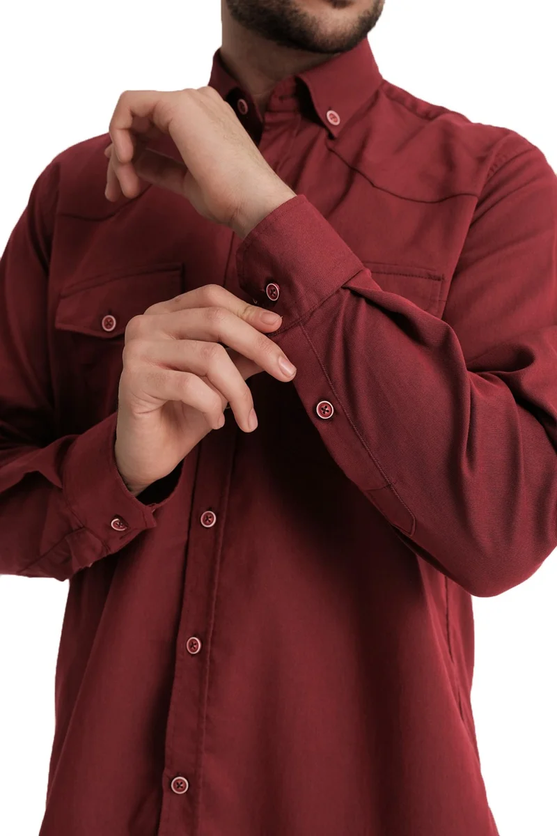 فاريتا Men's Dark Red Double Pocket Lycra Lewis Model Gabardine Fabric Denim Shirt