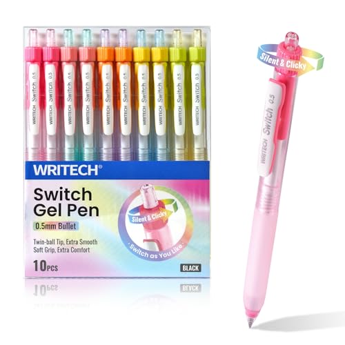 WRITECH أقلام جل قابلة للسحب من WRITECH: 0.5 مم حبر أسود - تبديل بين الوضع الصامت والوضع النقر الناعم بمقبض مريح ونقطة دقيقة للتدوين - كتابة سلسة - تجفيف سريع - بدون تسرب - 10 قطع - Image 1