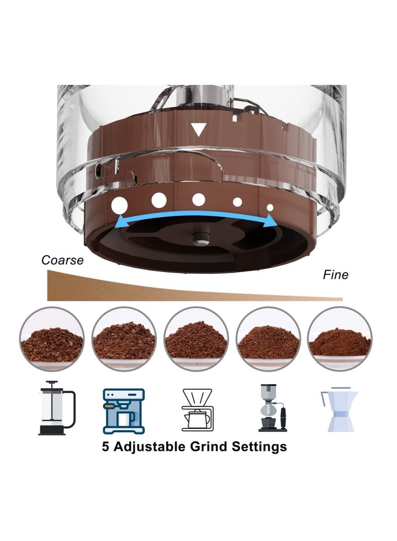 Portable Electric Burr Coffee Grinder, Electric Coffee Bean Grinder, Adjustable Automatic Conical Burr Grinder with 5 Precise Grind Settings for Espresso/Drip Coffee/Drip Coffee/French Press (Sliver) - Image 3