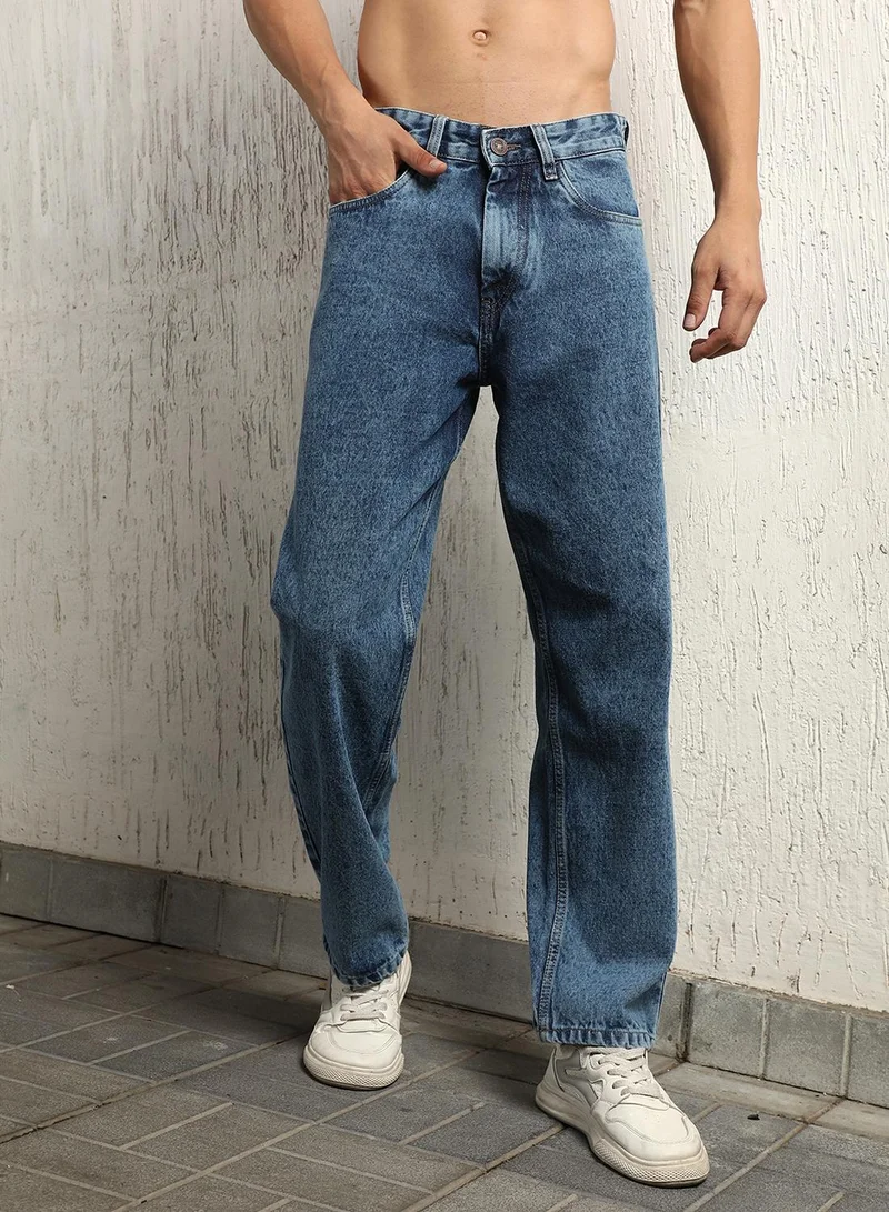 هوبرهولمي Men's Indigo 100% Cotton Bleached Full Length Loose Jeans