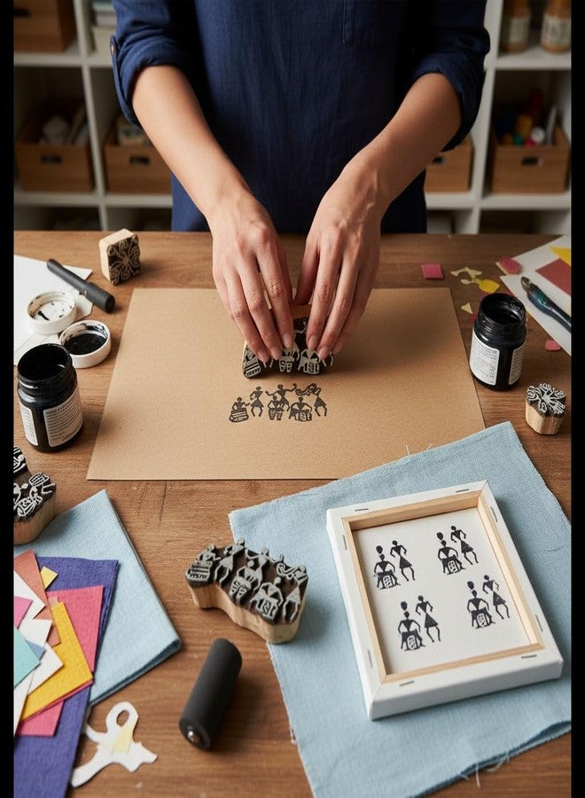 itsy-bitsy Itsy Bitsy Hand Carved Wooden Printing Block Warli Musicians W 2inch X L 3inch 1pc Ethnic Folk Art Wood Stamp for Fabric & Handmade Crafts - Image 5