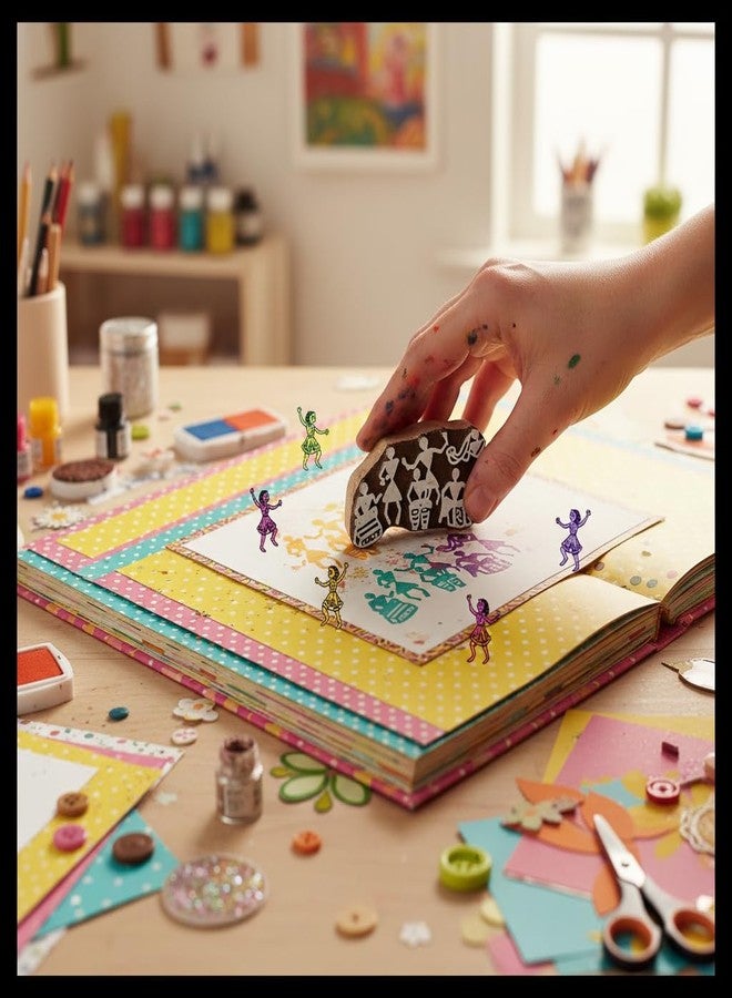 itsy-bitsy Itsy Bitsy Hand Carved Wooden Printing Block Warli Musicians W 2inch X L 3inch 1pc Ethnic Folk Art Wood Stamp for Fabric & Handmade Crafts - Image 2