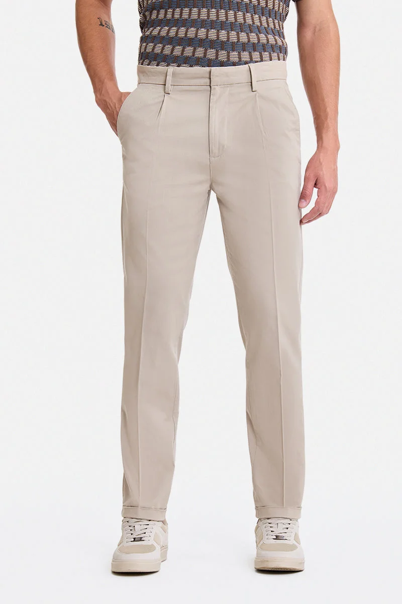 SNITCH Beige Beige Solid Slim Fit Casual Chinos for Men | Best Price UAE