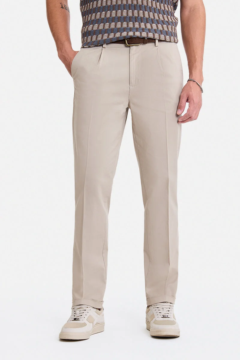 SNITCH Beige Solid Slim Fit Casual Chinos