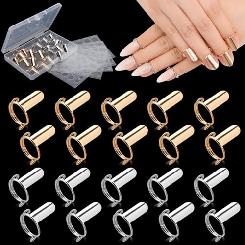 EBANKU 20PCS Nail Rings, EBANKU Updated Adjustable Nail Rings Detachable Reusable Women Gift Ring Set with 120PCS Adhesive Nail Tabs for Acrylic Nail Art Decoration Gold and Silver - Image 1