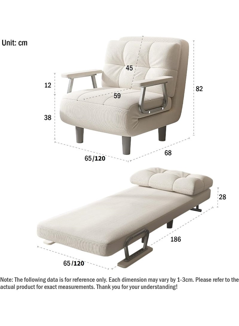 منزل منظم أريكة سرير قابلة للتحويل 3 في 1 مصنوعة من قماش الكوردروي، مسند ظهر قابل للتعديل بخمسة مستويات مع مساند للذراعين، مثالية للمساحات الضيقة، الاستوديو، المكتب، غرفة النوم (لون أبيض كريمي، عرض 120 سم) - Image 2