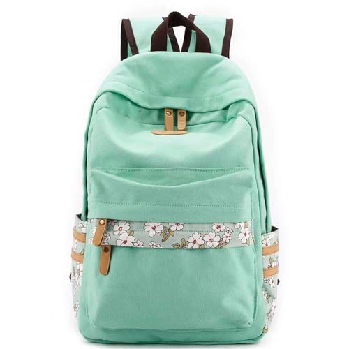 mygreen Kawaii Girls Backpack for School - Lightweight Canvas Backpack for Teens Ages 8-12, Fits 15 Inch Laptop, Cute Boho Floral Design, Durable & Comfortable Light Green - Image 1