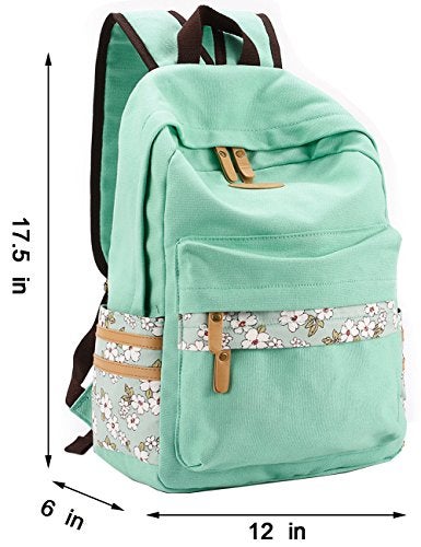 mygreen Kawaii Girls Backpack for School - Lightweight Canvas Backpack for Teens Ages 8-12, Fits 15 Inch Laptop, Cute Boho Floral Design, Durable & Comfortable Light Green - Image 2