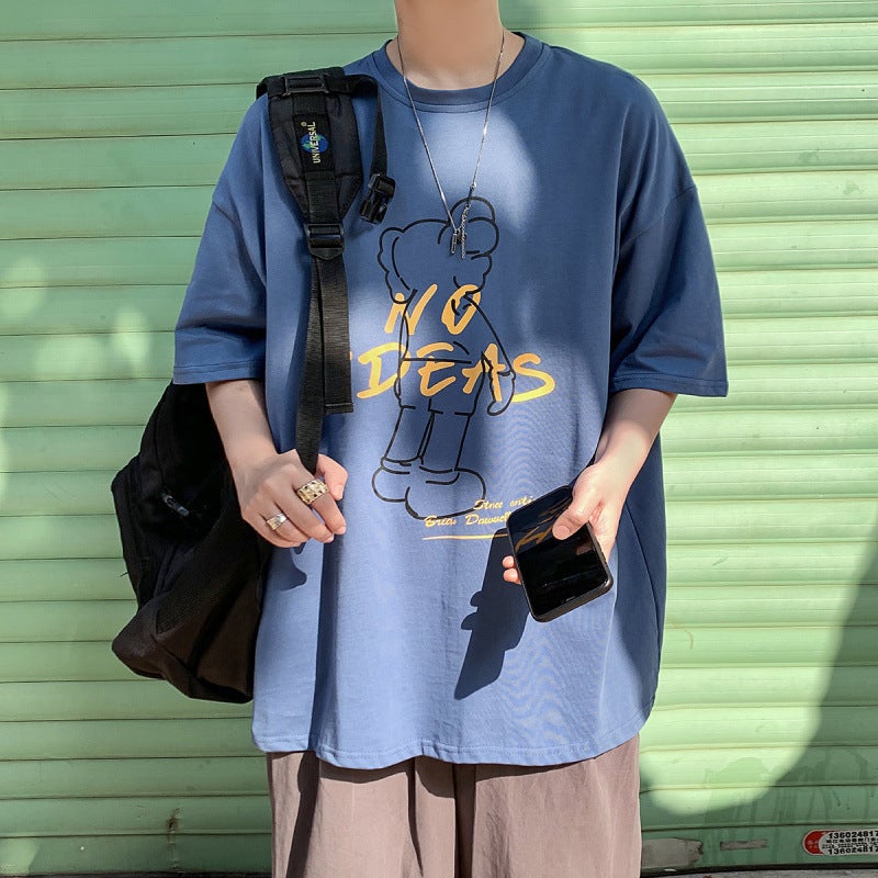 Korean Mens Loose Round Neck Shoulder Short-sleeved T-shirt 2025 Summer New Fun Printed Trendy Brand Top T137 Blue