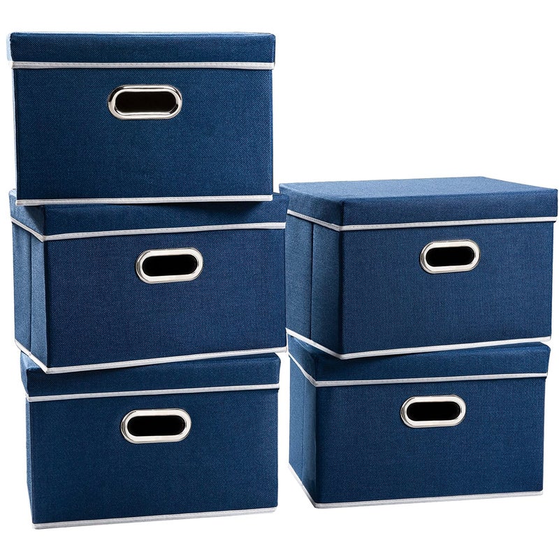 PRANDOM Foldable Storage Bin with Lid 5Pack Linen Fabric Decorative Storage Box Organizer Container Basket Cube with Handles Divider for Closet Office Living Room Royal Blue149x98x98