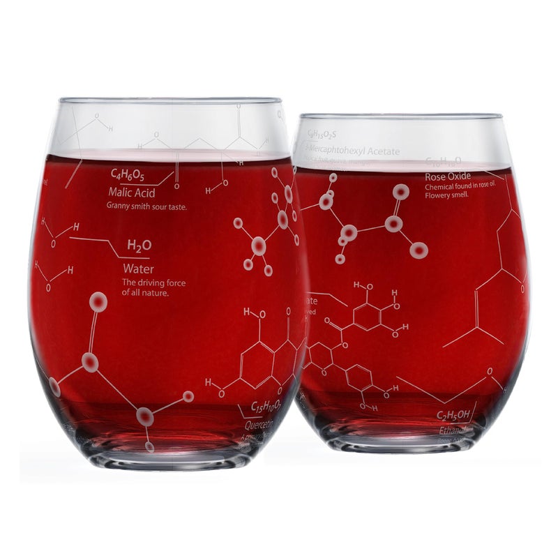 Greenline Goods Stemless Wine Glasses 15 oz Set Science of Wine Tumblers Set of 2 Etched with Wine Chemistry Molecules