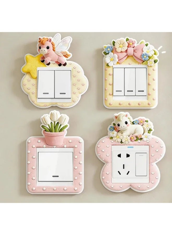 4 Pack Cute Unicorn Horse & Floral Light Switch Stickers, Thick Felt Cartoon Flower Switch Panel Decor, Self-Adhesive Removable Felt Wall Decals, Sweet Pastel Switch Cover Frame Fit 8.8×8.8cm Single Switch for Girls Bedroom Nursery Home Decor