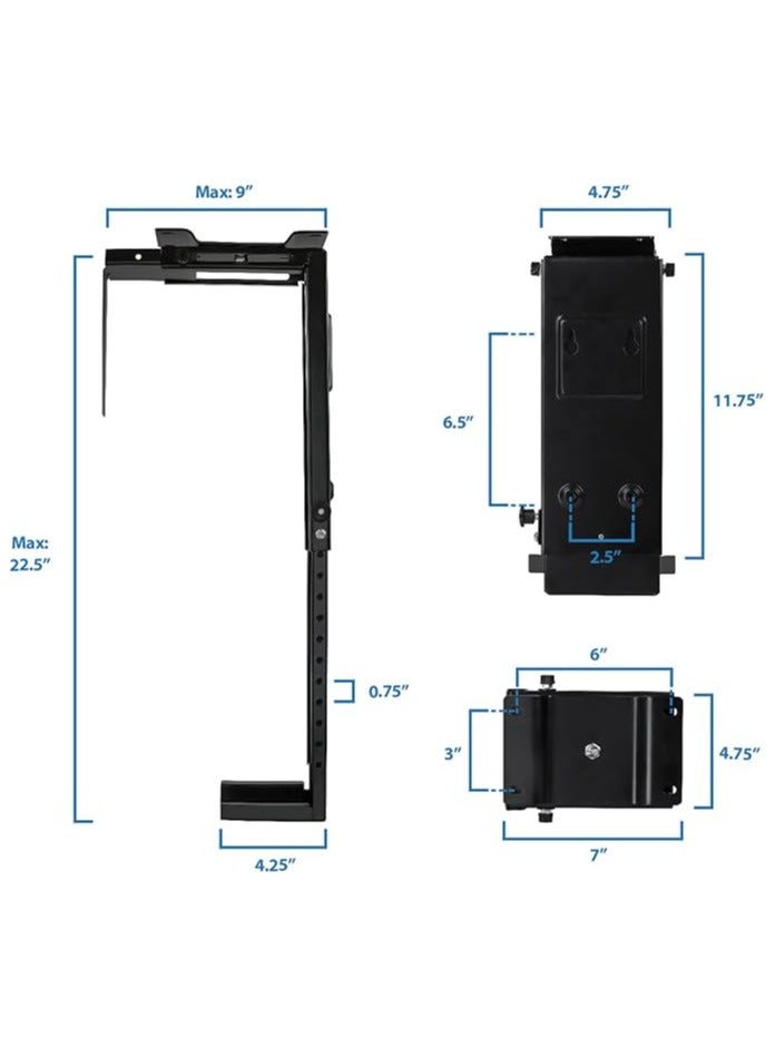 CPU Under Desk Mount Bracket - Computer Tower Wall and Under Counter Holder, 360 Degree Swivel Adjustable Height and Width Wall-Mountable