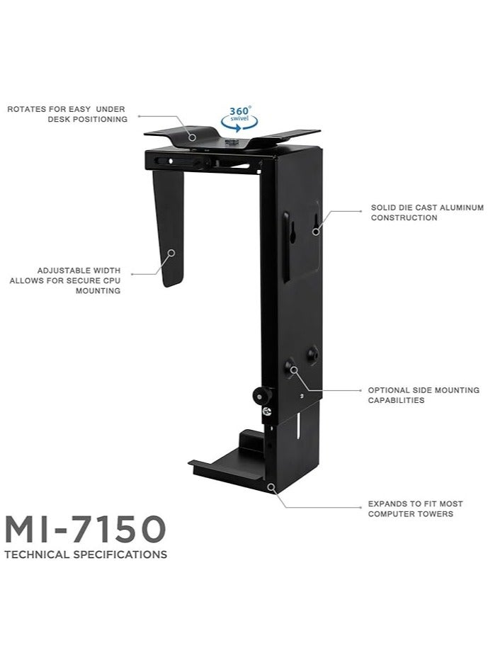 CPU Under Desk Mount Bracket - Computer Tower Wall and Under Counter Holder, 360 Degree Swivel Adjustable Height and Width Wall-Mountable