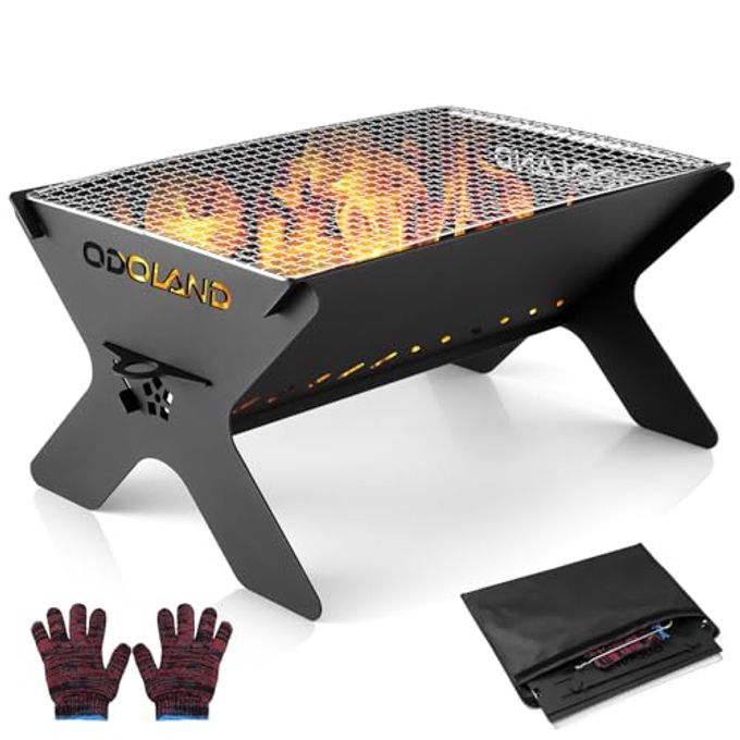 Odoland Camping Campfire Grill, Portable Folding Charcoal Grills, Backpacking BBQ Heavy Duty Firepit Grill with Carry Bag for Outdoor Cooking, Bonfire, Patio, Backyard