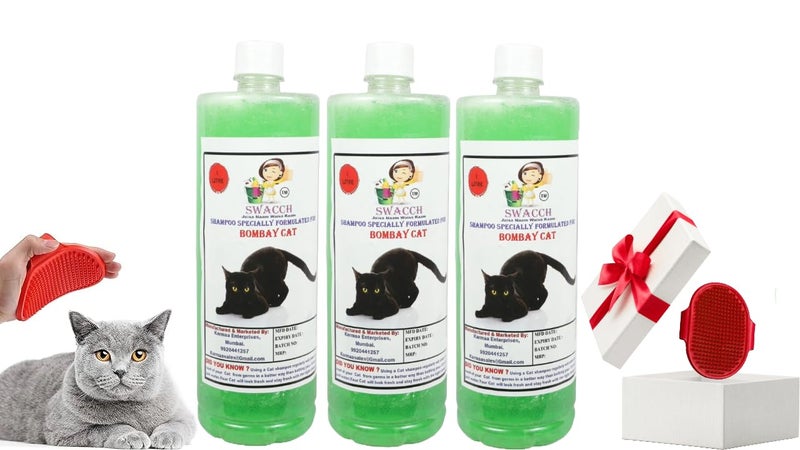 Swacch Bombay Cat Shampoo -1 Litre (Pack of 3) (Neem Alovera) + Bath Brush with Adjustable Straps Combo Pack - Image 1