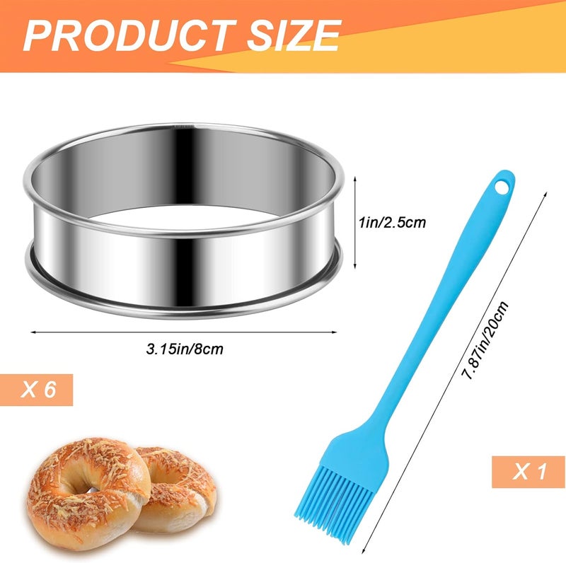Catcan 6 Pieces English Muffin Rings, 3.15 Inch Stainless Steel Crumpet Ring Double Rolled Tart Nonstick Metal Round Molds with Silicone Oil Brush - Image 2