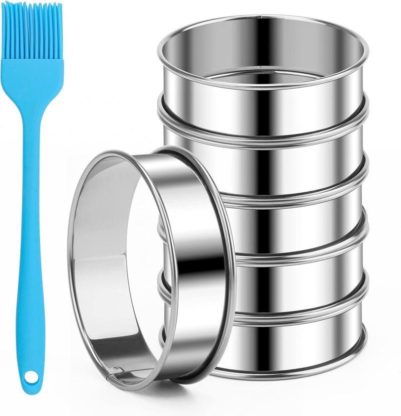 Catcan 6 Pieces English Muffin Rings, 3.15 Inch Stainless Steel Crumpet Ring Double Rolled Tart Nonstick Metal Round Molds with Silicone Oil Brush - Image 1