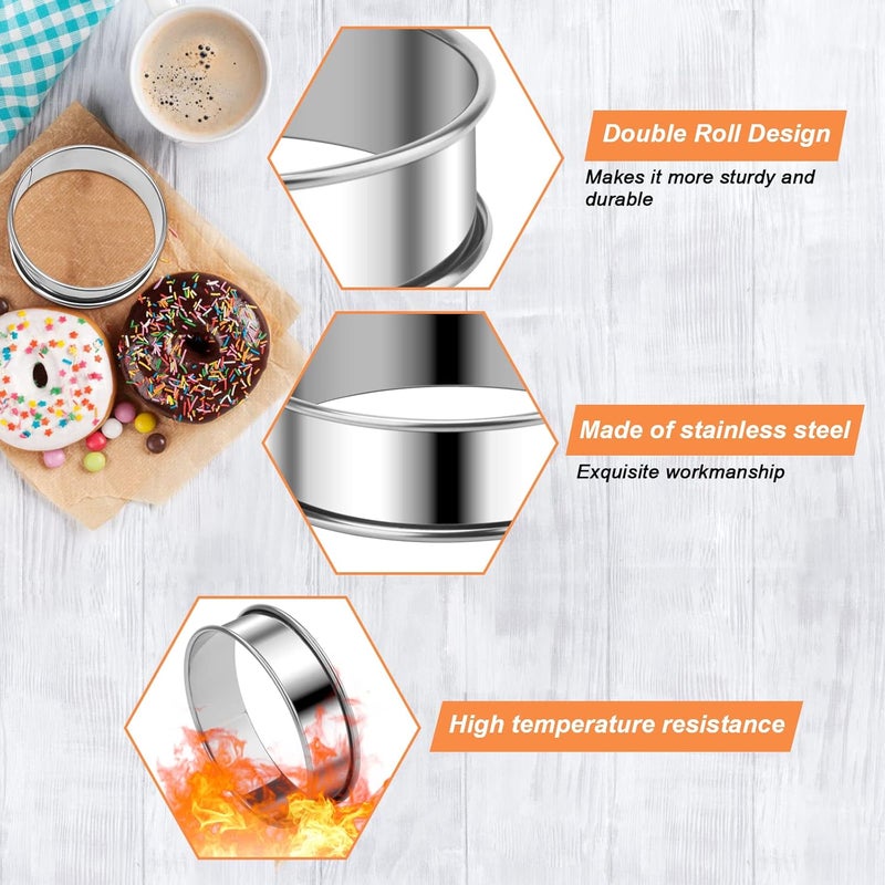 Catcan 6 Pieces English Muffin Rings, 3.15 Inch Stainless Steel Crumpet Ring Double Rolled Tart Nonstick Metal Round Molds with Silicone Oil Brush - Image 3