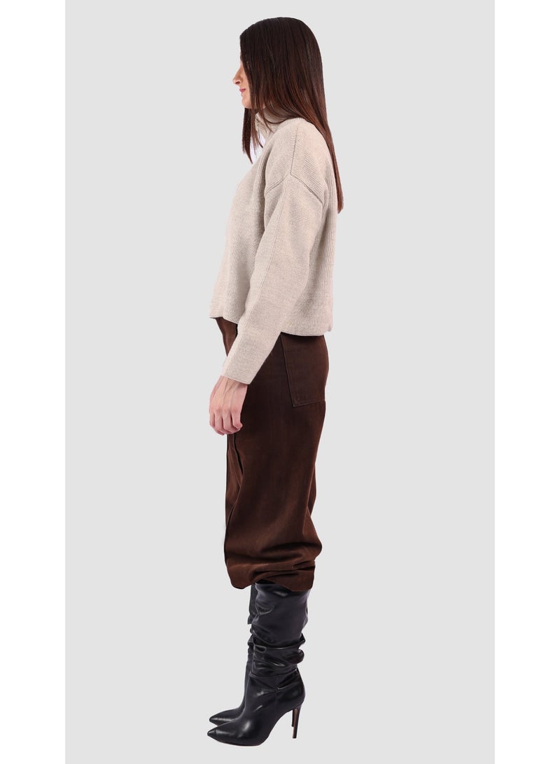 KYVELi Women’s High Neck Zip-Up Knit Sweater Beige - Image 5