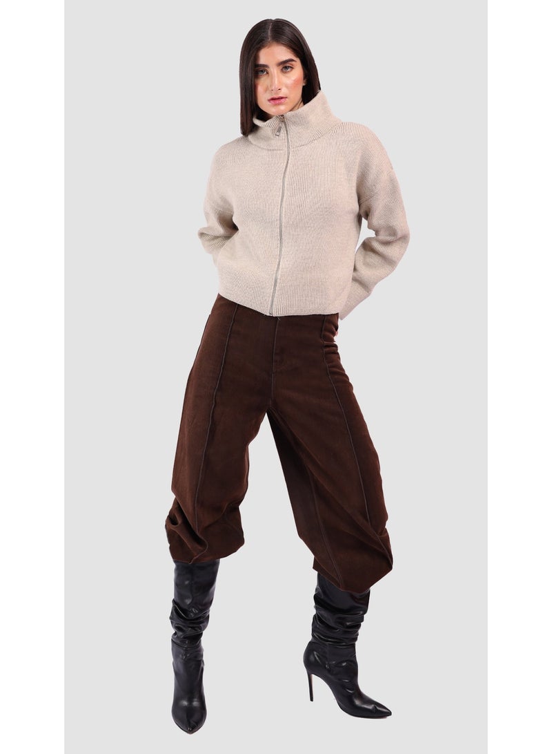 KYVELi Women’s High Neck Zip-Up Knit Sweater Beige - Image 1