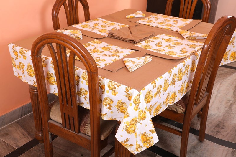 Dekor World Floral Printed Yellow Table Cover with Place Mat & Napkin (Pack of 19) - Image 1