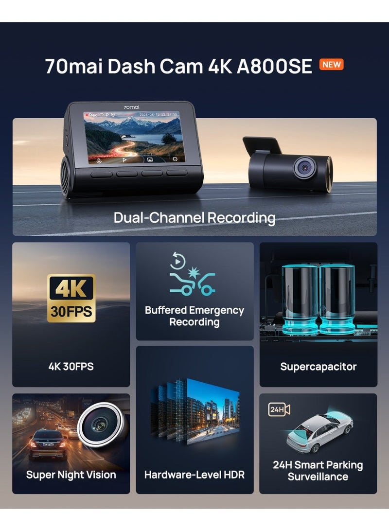70 ماي كاميرا داش 4K A800SE مع تسجيل مزدوج القناة HDR بدقة تصل إلى 3840x2160 وشاشة 3 بوصات تدعم WI-FI 6 و GPS مدمج و ADAS مع 4K 30FPS مع HDR والتحكم الصوتي وتسجيل الطوارئ المحمي - Image 3