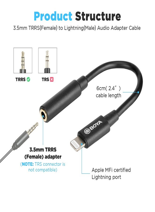 BOYA by-K3 Female 3.5mm TRRS Microphone Adapter Cable to MFi Certified Lightning Connector Dongle, Headphones Adapter for iPhone 12 Mini 12 Pro Max 11 Pro Max X XR XS iPhone 7 7P 8 8P - Image 2