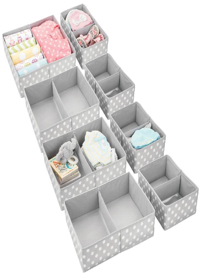 mDesign mDesign Fabric Drawer Organizer Bins, Kids/Baby Nursery Dresser, Closet, Shelf, Playroom Organization, Hold Clothes, Toys, Diapers, Bibs, Blankets, Set of 2, 4 Pack, Gray/White Polka Dot - Image 1