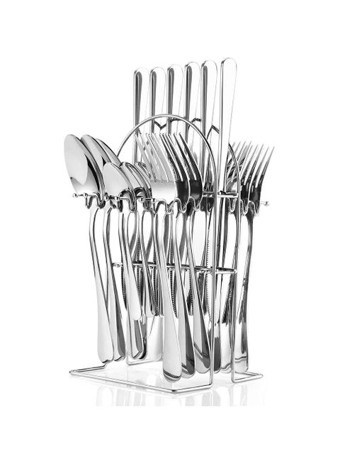 24-Piece Stainless Steel Cutlery Set with Holding Stand Silver
