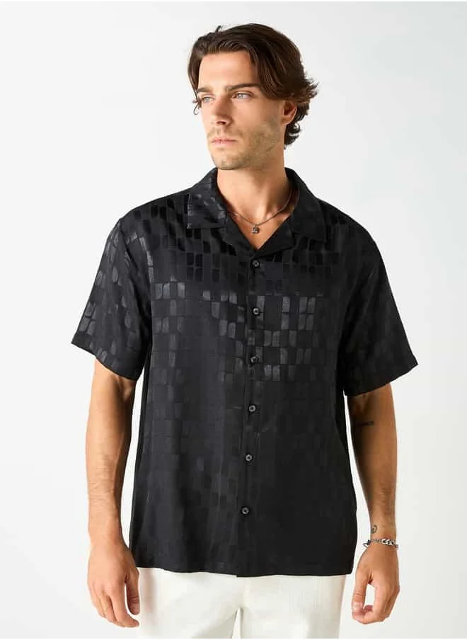 Iconic Iconic All-Over Textured Camp Collar Shirt with Short Sleeves