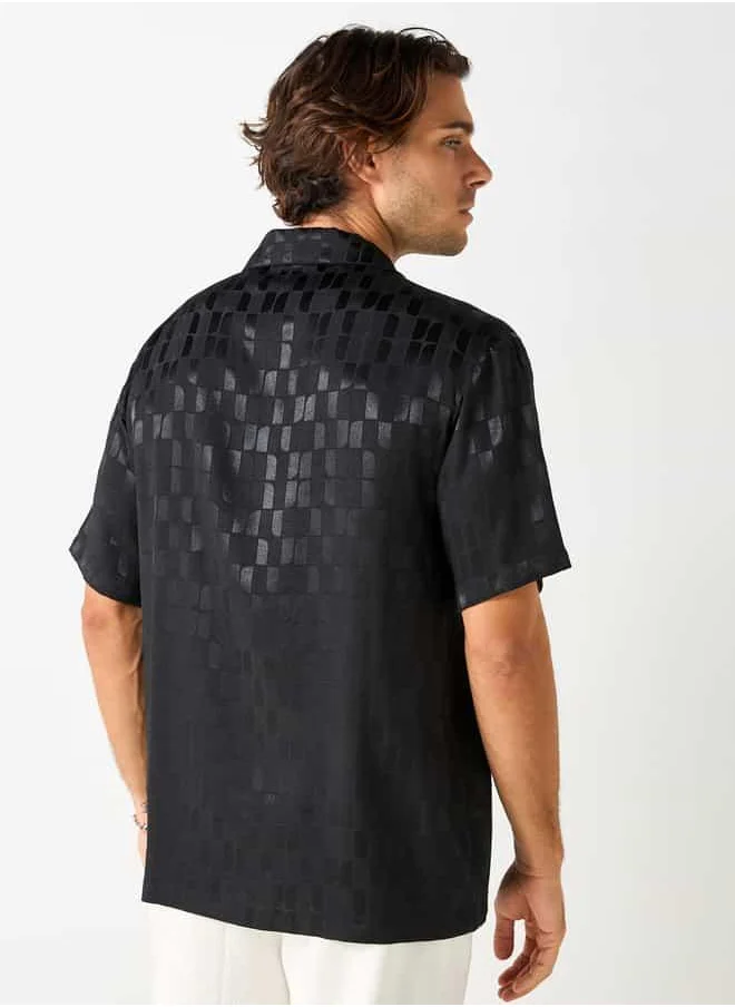 Iconic Iconic All-Over Textured Camp Collar Shirt with Short Sleeves