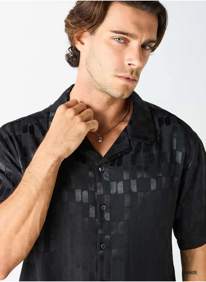 Iconic Iconic All-Over Textured Camp Collar Shirt with Short Sleeves