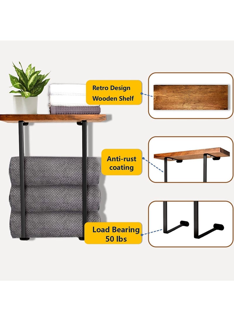 Generic Towel Rack for Bathroom Wall Mounted, Hanging Towel Storage with Wooden Shelf, Wall Towel Holder, Rust-Proof Metal, Black Minimalist Storage Organizer for Large Towels, Hand Towels, Small Towels, Spa, Salon, RV & Kitchen Organizer  - Image 1