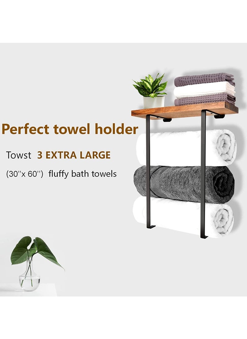 Generic Towel Rack for Bathroom Wall Mounted, Hanging Towel Storage with Wooden Shelf, Wall Towel Holder, Rust-Proof Metal, Black Minimalist Storage Organizer for Large Towels, Hand Towels, Small Towels, Spa, Salon, RV & Kitchen Organizer  - Image 2