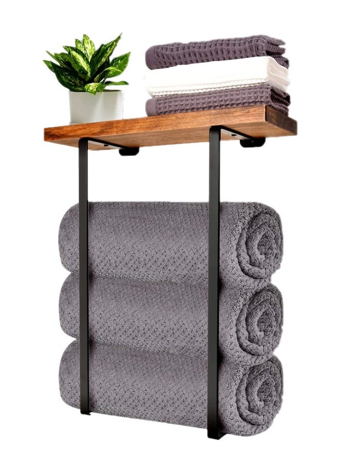 Generic Towel Rack for Bathroom Wall Mounted, Hanging Towel Storage with Wooden Shelf, Wall Towel Holder, Rust-Proof Metal, Black Minimalist Storage Organizer for Large Towels, Hand Towels, Small Towels, Spa, Salon, RV & Kitchen Organizer  - Image 5
